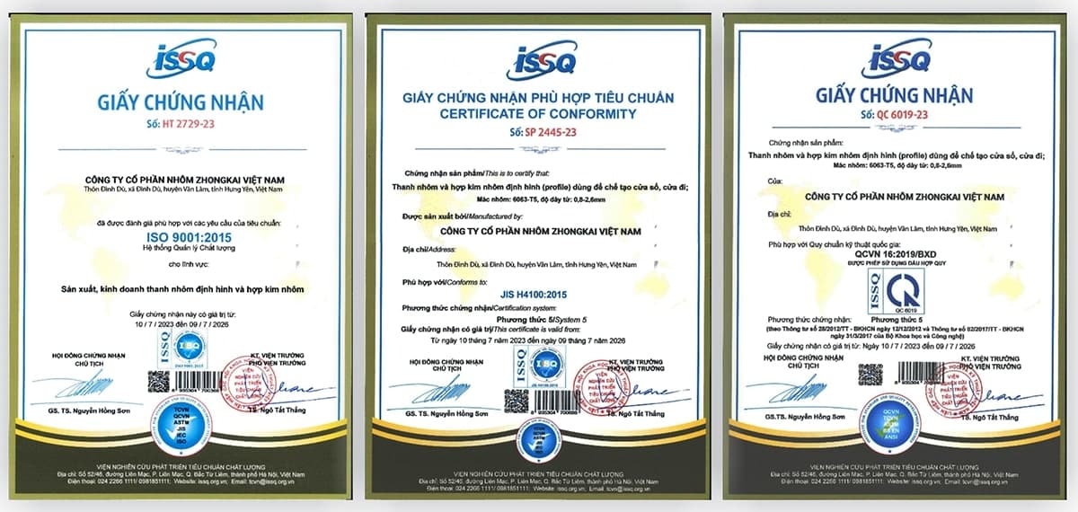 giấy chứng nhận sản xuất thanh nhôm sản xuất cửa nhôm kính allead