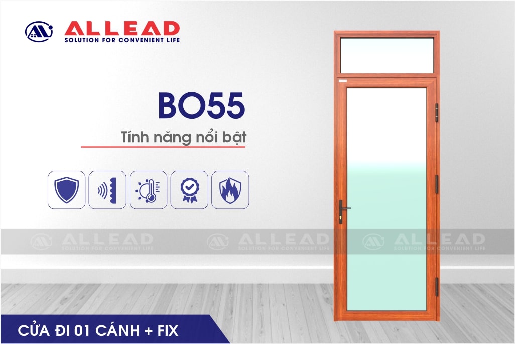 cửa đi nhôm kính ô fix 1 cánh hẹ bo55